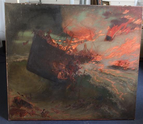 William Shackleton (1872-1933) The Burning of the Voltaire 37.5 x 42.5in. unframed.